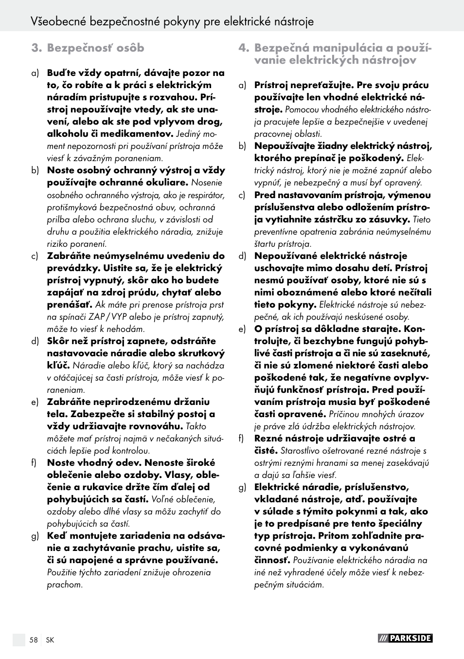 Bezpečnosť osôb | Parkside PEH 30 A1 User Manual | Page 58 / 75