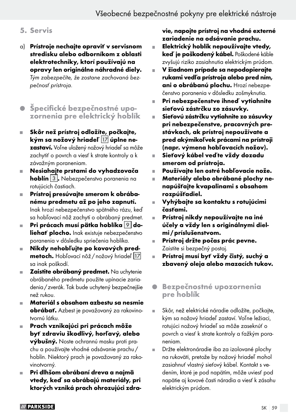 Servis, Bezpečnostné upozornenia pre hoblík | Parkside PEH 30 A1 User Manual | Page 59 / 75