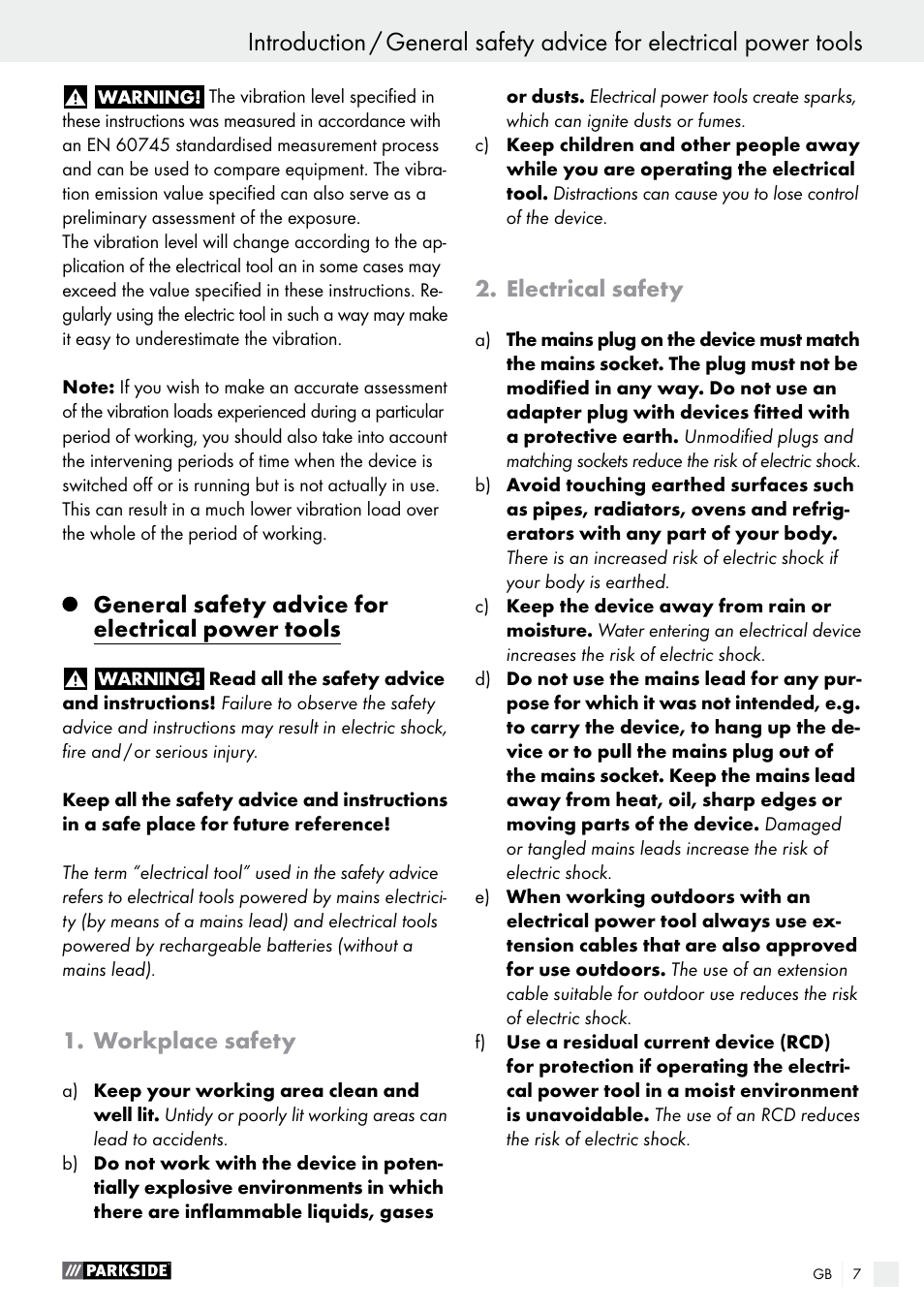 General safety advice for electrical power tools, Workplace safety, Electrical safety | Parkside PEH 30 A1 User Manual | Page 7 / 75