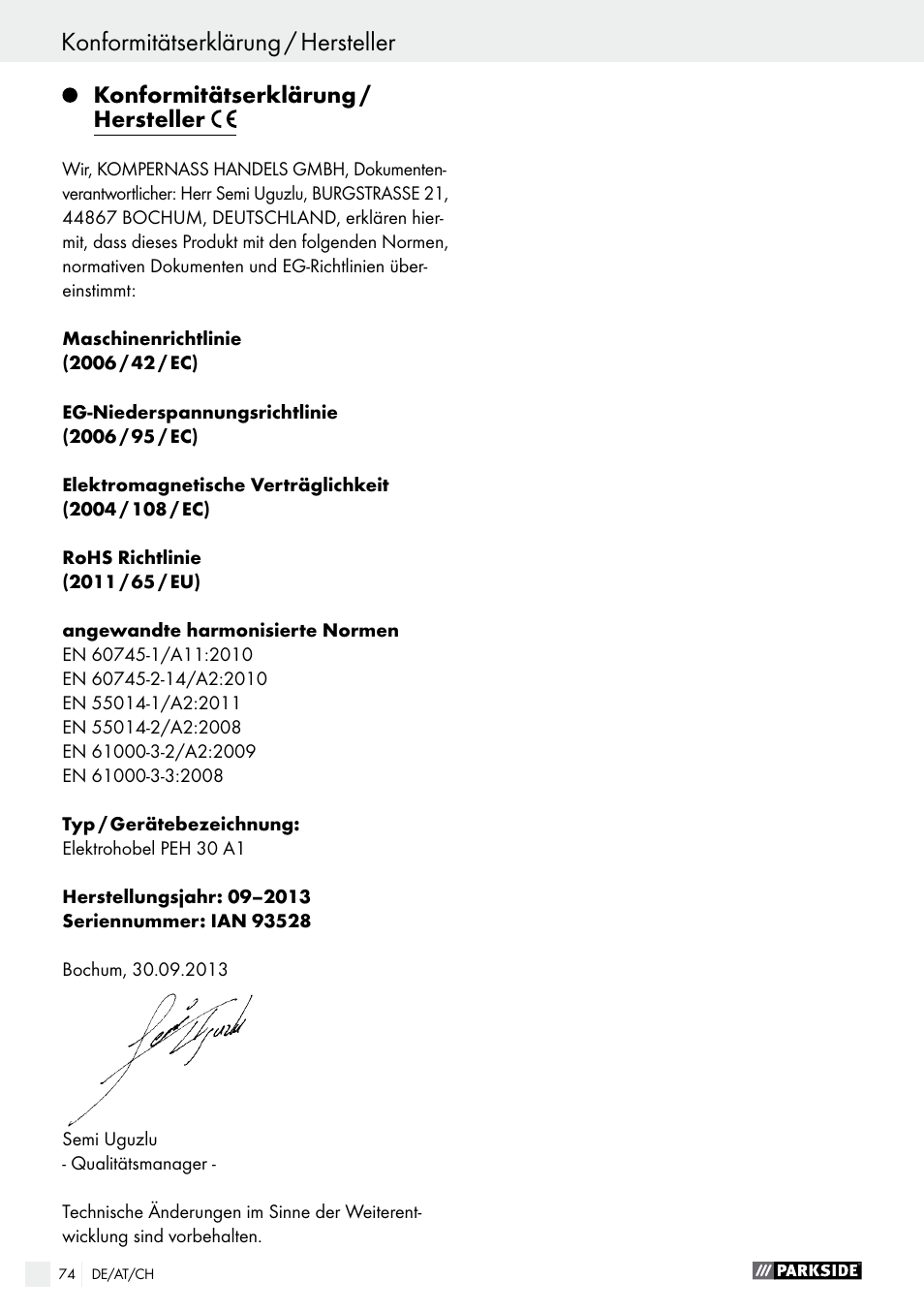 Konformitätserklärung / hersteller | Parkside PEH 30 A1 User Manual | Page 74 / 75