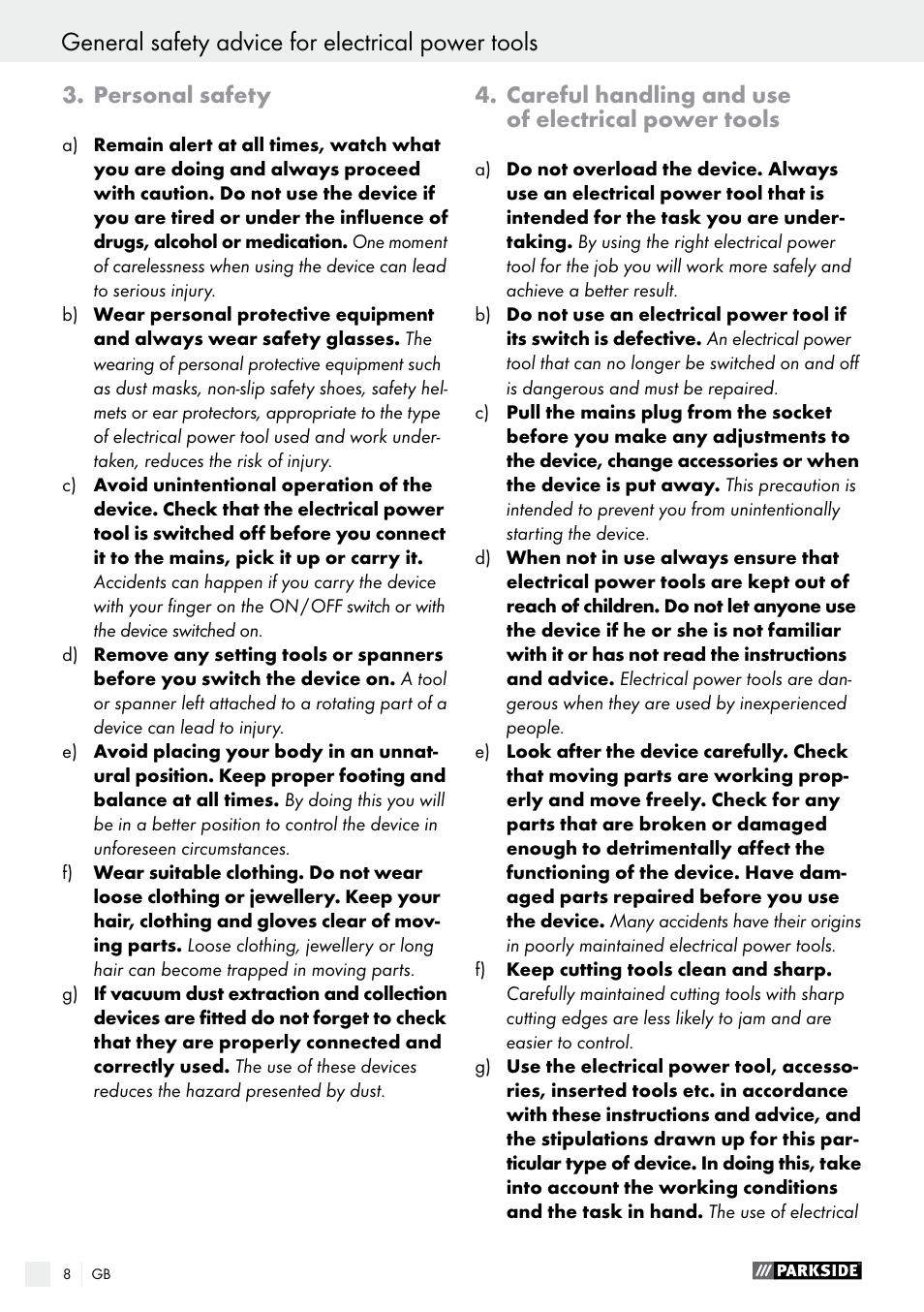 General safety advice for electrical power tools, Personal safety, Careful handling and use of electrical power tools | Parkside PEH 30 A1 User Manual | Page 8 / 75