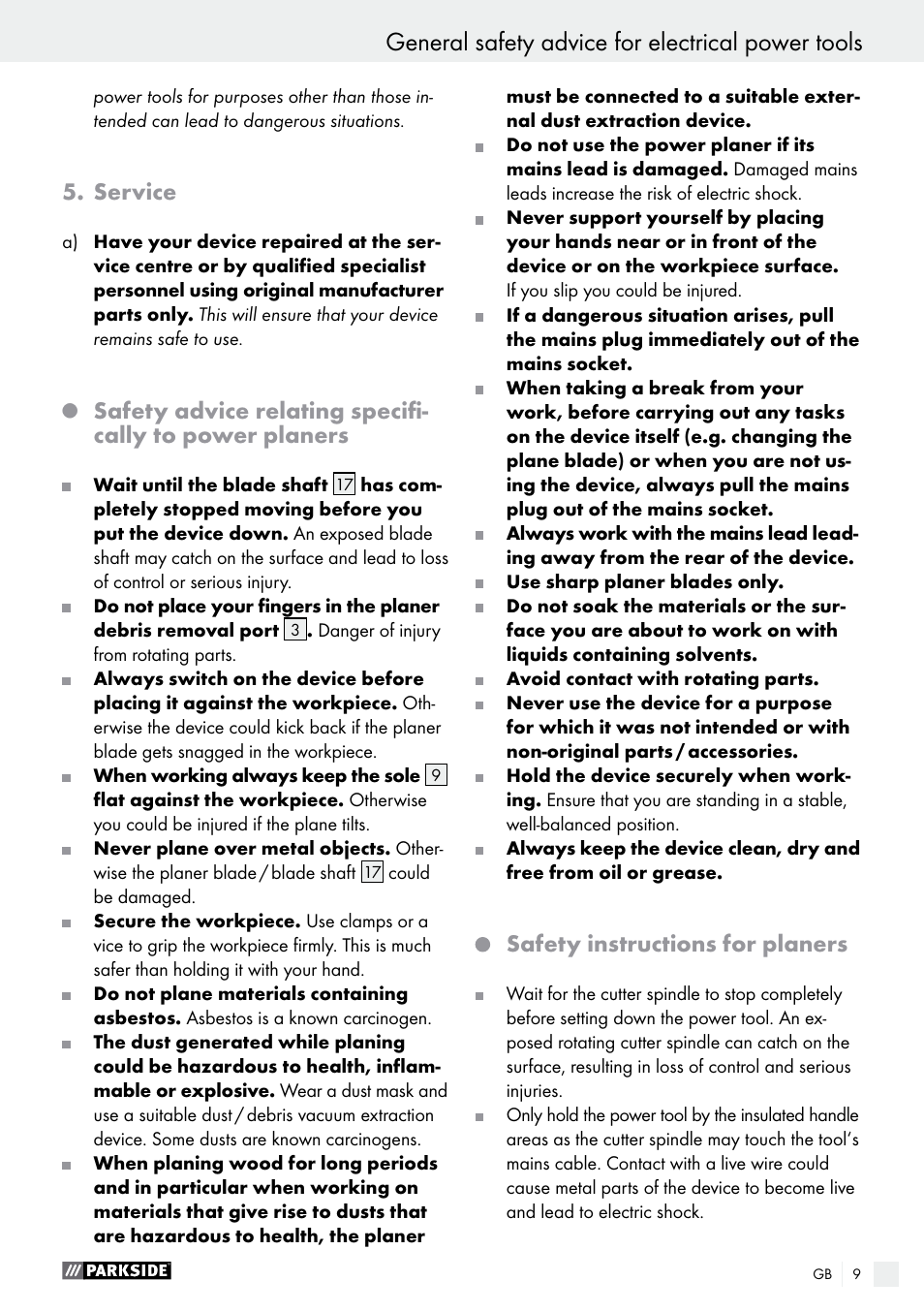 General safety advice for electrical power tools, Service, Safety instructions for planers | Parkside PEH 30 A1 User Manual | Page 9 / 75