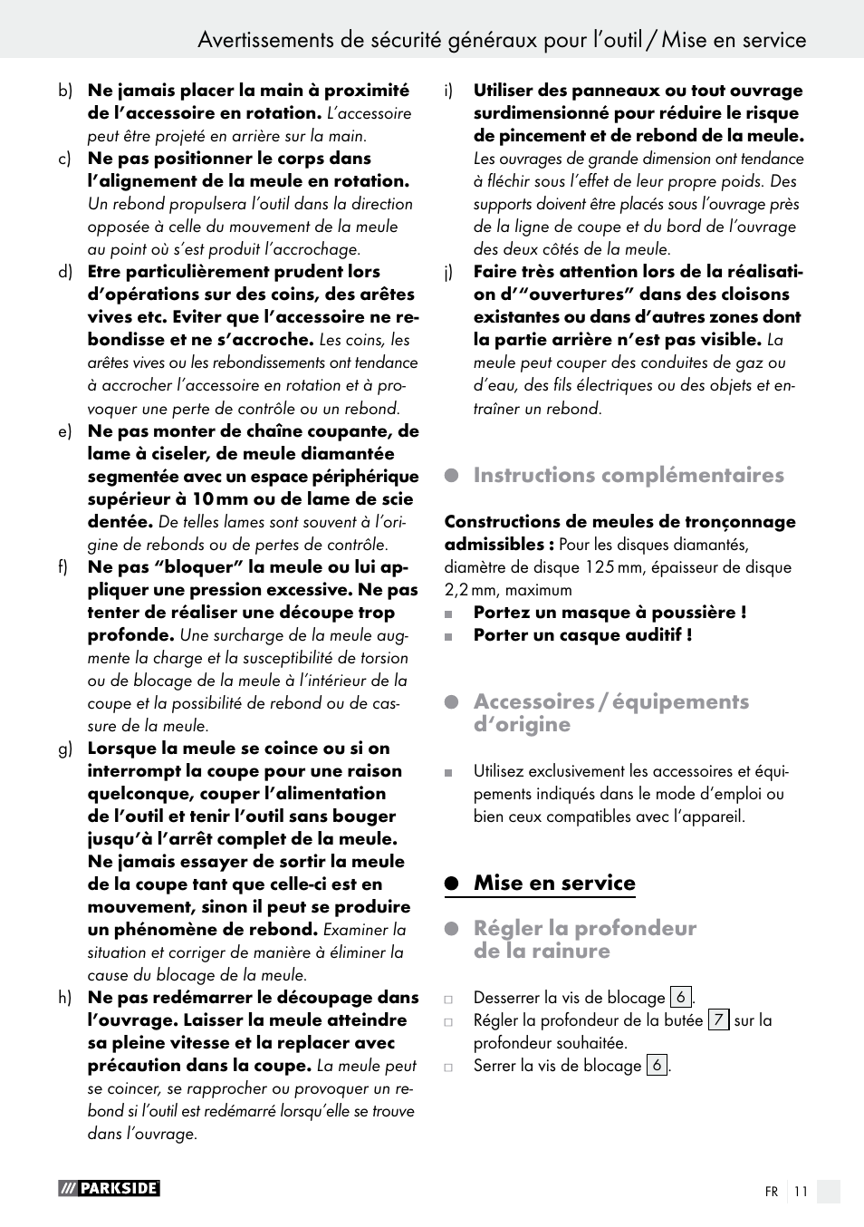 Instructions complémentaires, Accessoires / équipements d‘origine, Mise en service régler la profondeur de la rainure | Parkside PMNF 1350 A1 User Manual | Page 11 / 34