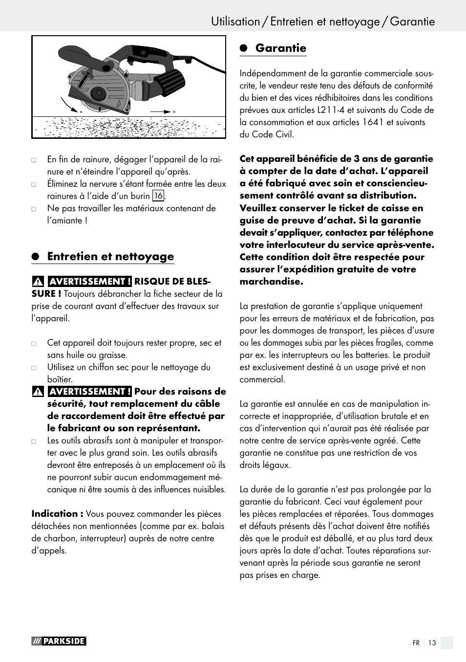 Entretien et nettoyage, Garantie | Parkside PMNF 1350 A1 User Manual | Page 13 / 34