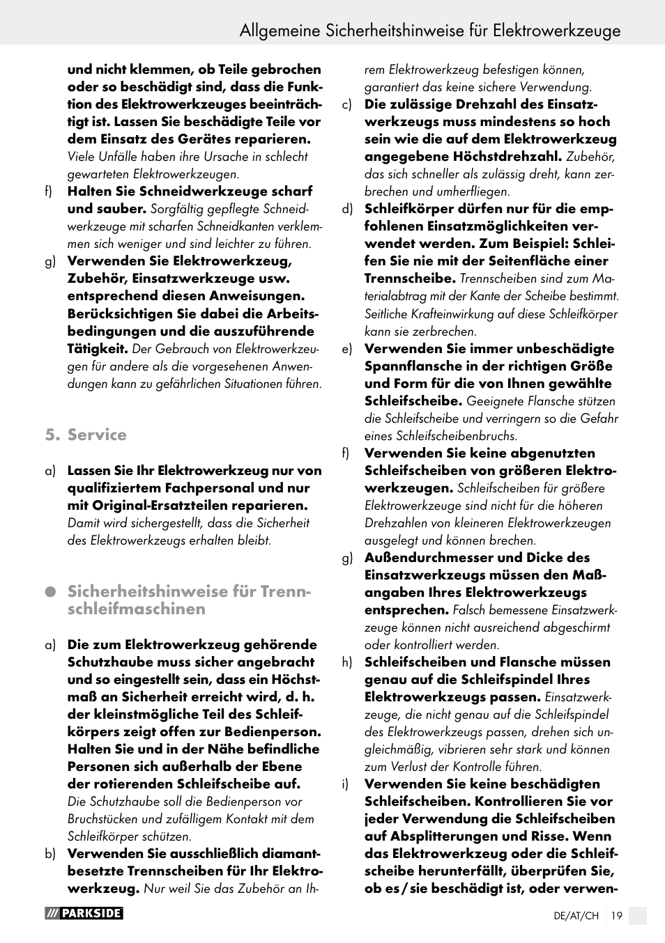 Service, Sicherheitshinweise für trenn- schleifmaschinen | Parkside PMNF 1350 A1 User Manual | Page 19 / 34