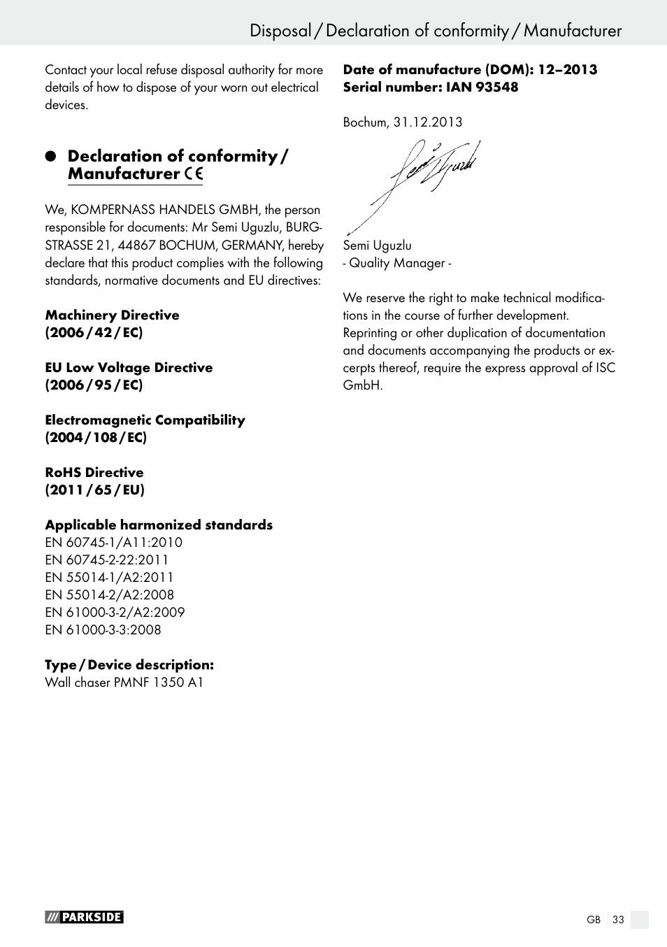 Declaration of conformity / manufacturer | Parkside PMNF 1350 A1 User Manual | Page 33 / 34