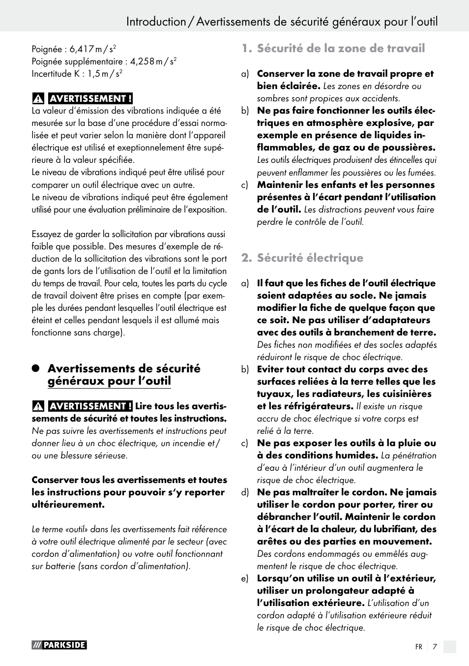 Avertissements de sécurité généraux pour l’outil, Sécurité de la zone de travail, Sécurité électrique | Parkside PMNF 1350 A1 User Manual | Page 7 / 34