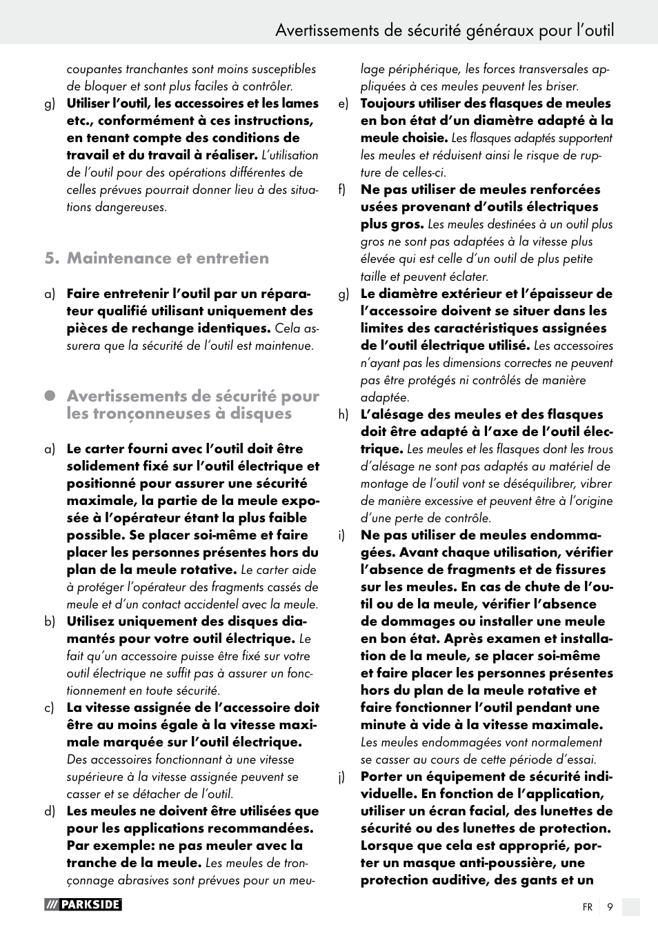 Avertissements de sécurité généraux pour l’outil, Maintenance et entretien | Parkside PMNF 1350 A1 User Manual | Page 9 / 34