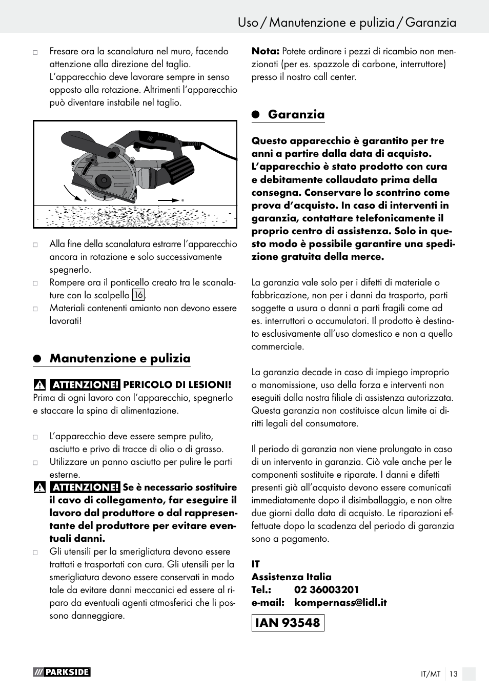 Manutenzione e pulizia, Garanzia | Parkside PMNF 1350 A1 User Manual | Page 13 / 35