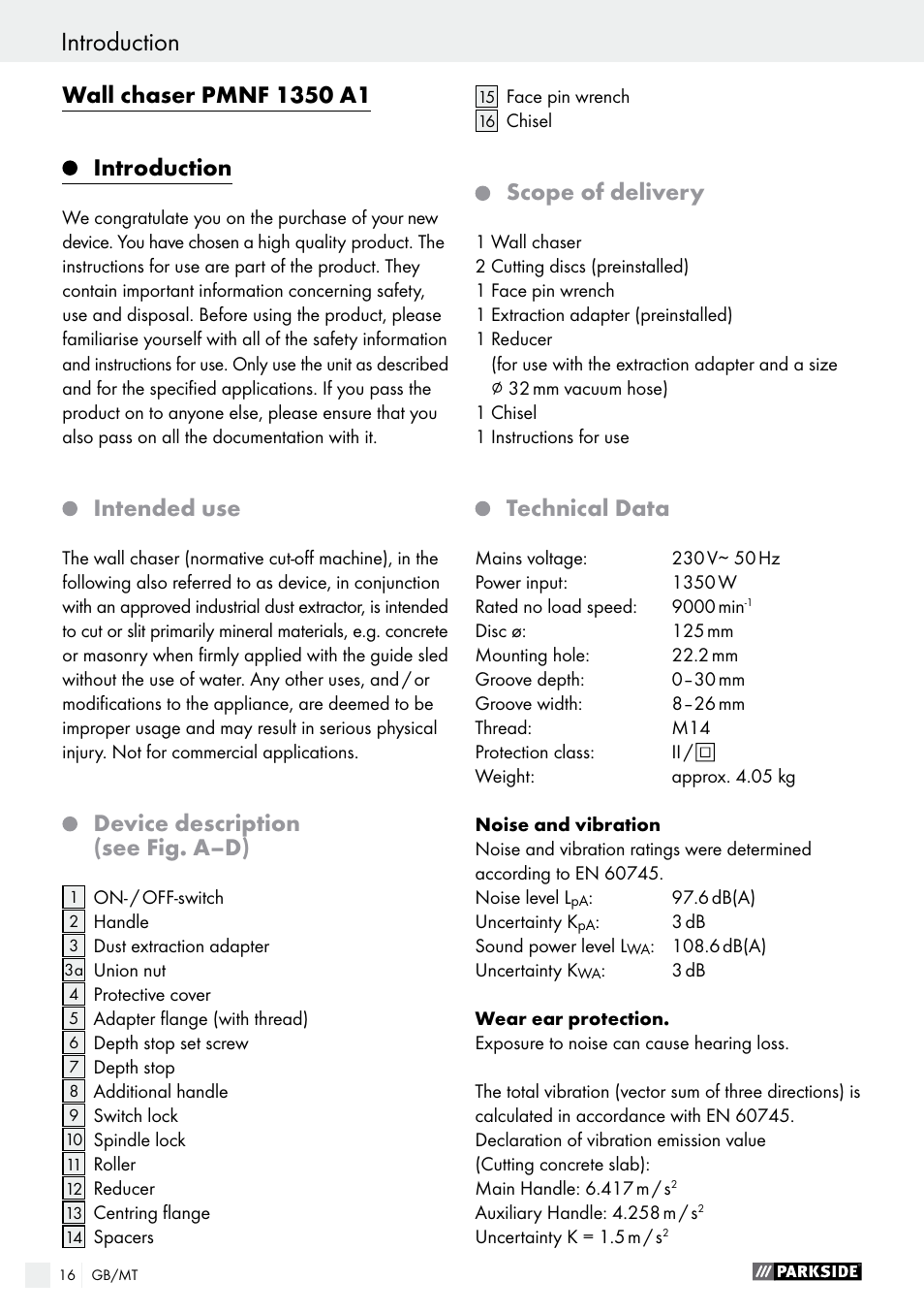 Intended use, Device description (see fig. a–d), Scope of delivery | Technical data | Parkside PMNF 1350 A1 User Manual | Page 16 / 35