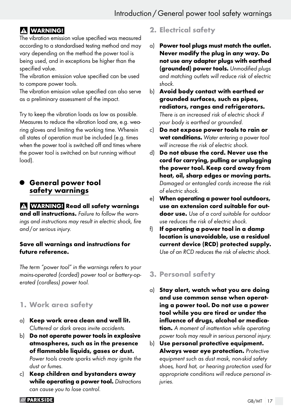 General power tool safety warnings, Work area safety, Electrical safety | Personal safety | Parkside PMNF 1350 A1 User Manual | Page 17 / 35