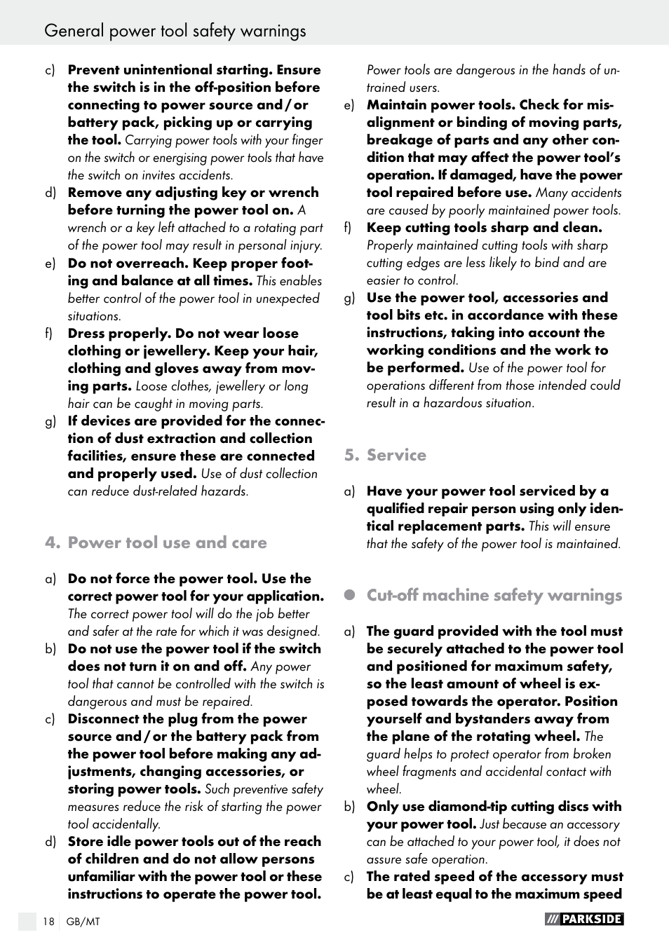 General power tool safety warnings, Power tool use and care, Service | Cut­off machine safety warnings | Parkside PMNF 1350 A1 User Manual | Page 18 / 35