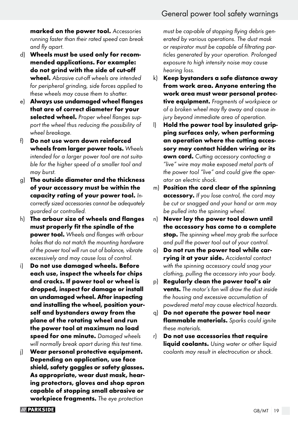 General power tool safety warnings | Parkside PMNF 1350 A1 User Manual | Page 19 / 35