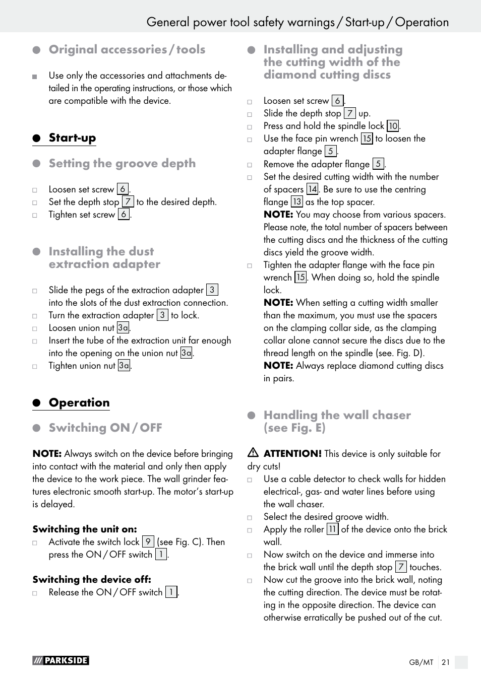 Original accessories / tools, Start­up setting the groove depth, Installing the dust extraction adapter | Operation switching on / off, Handling the wall chaser (see fig. e) | Parkside PMNF 1350 A1 User Manual | Page 21 / 35