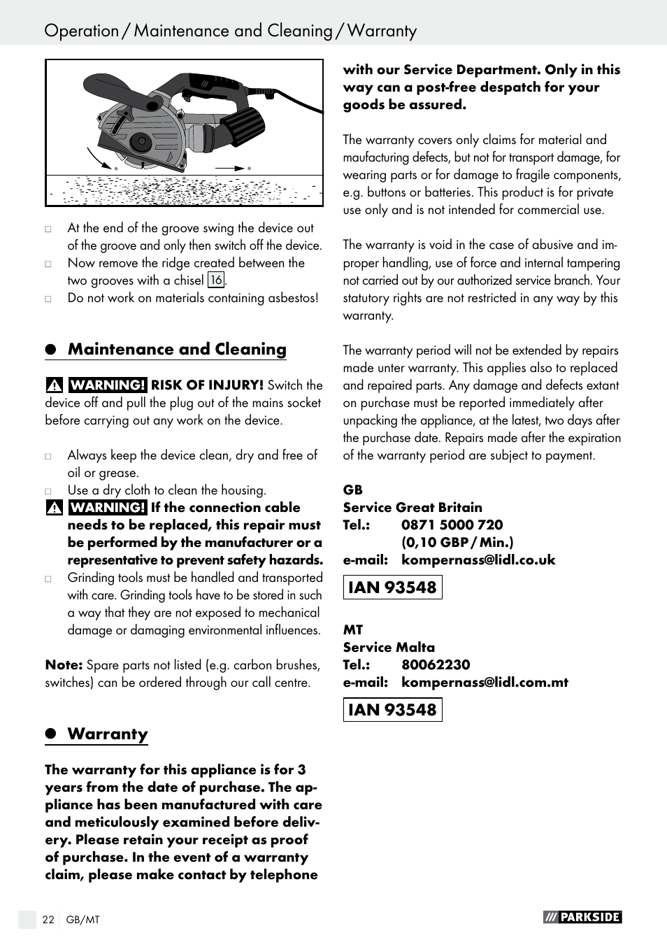 Operation / maintenance and cleaning / warranty, Maintenance and cleaning, Warranty | Parkside PMNF 1350 A1 User Manual | Page 22 / 35