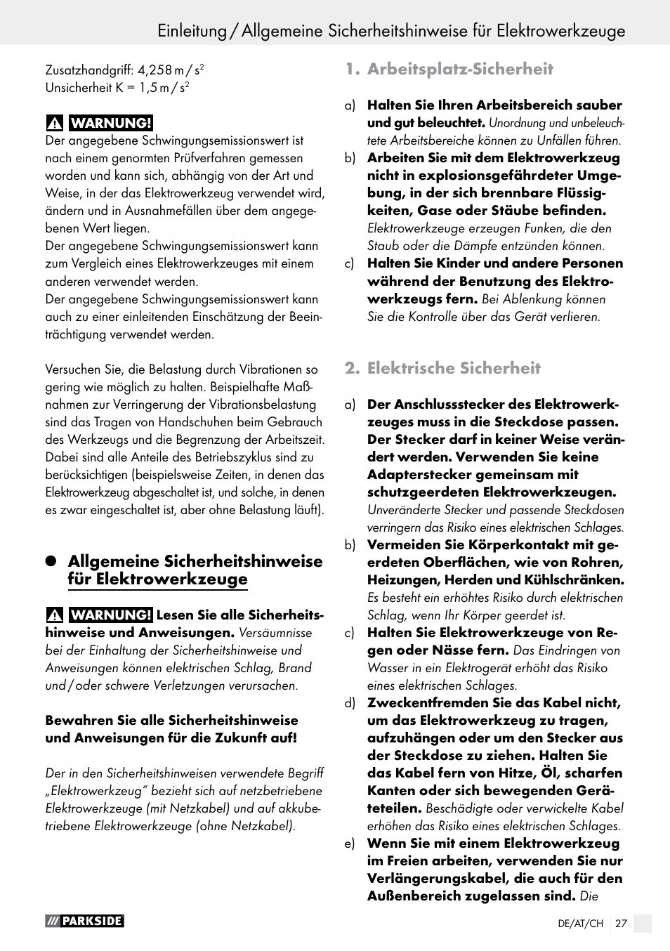 Arbeitsplatz­sicherheit, Elektrische sicherheit | Parkside PMNF 1350 A1 User Manual | Page 27 / 35