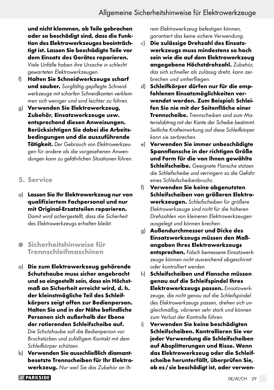 Service, Sicherheitshinweise für trennschleifmaschinen | Parkside PMNF 1350 A1 User Manual | Page 29 / 35