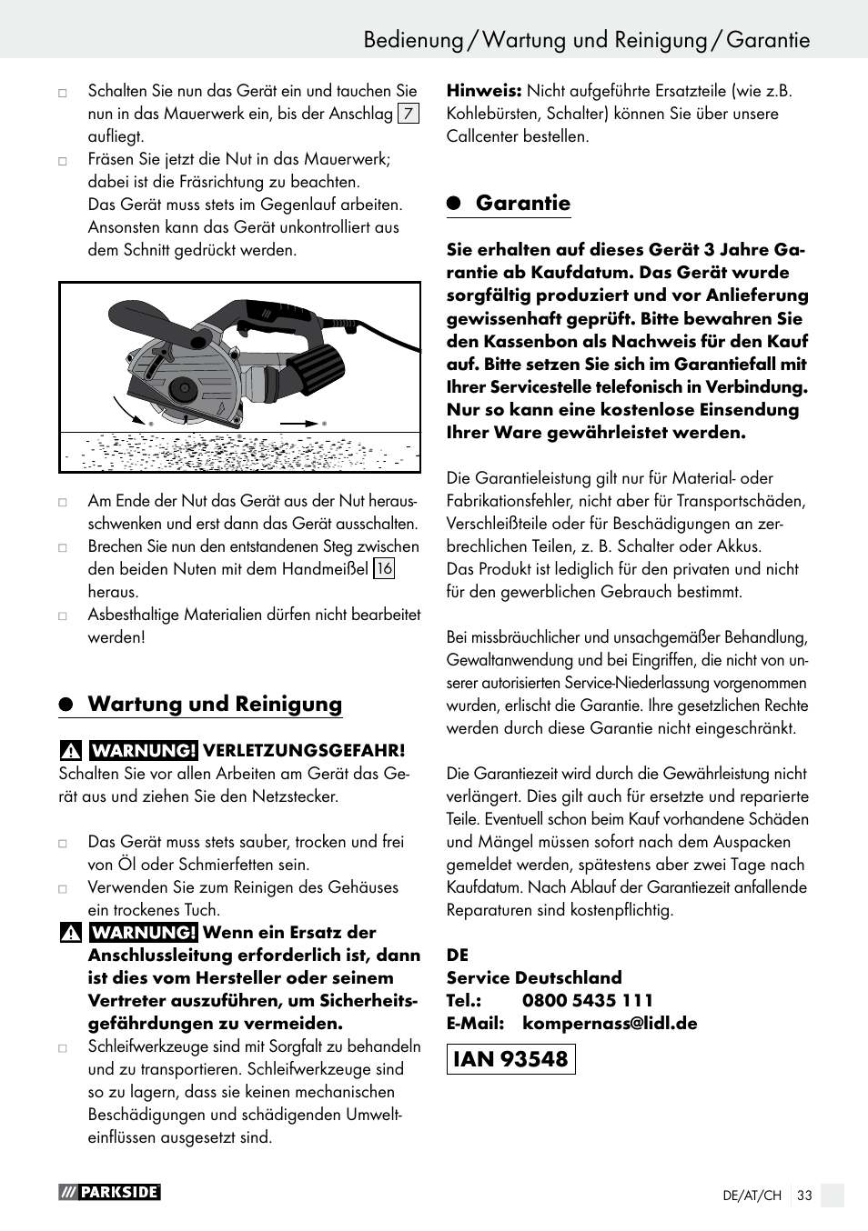 Bedienung / wartung und reinigung / garantie, Wartung und reinigung, Garantie | Parkside PMNF 1350 A1 User Manual | Page 33 / 35