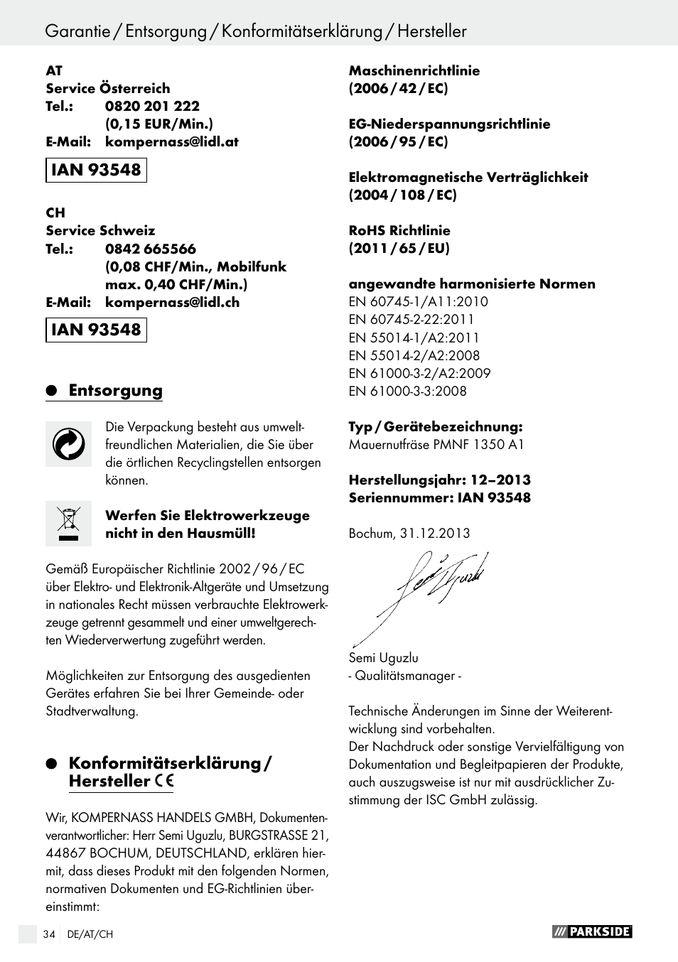 Entsorgung, Konformitätserklärung / hersteller | Parkside PMNF 1350 A1 User Manual | Page 34 / 35