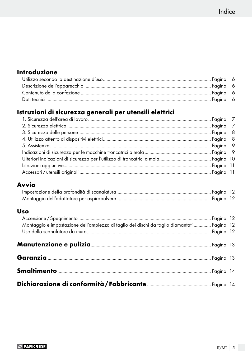 Indice | Parkside PMNF 1350 A1 User Manual | Page 5 / 35