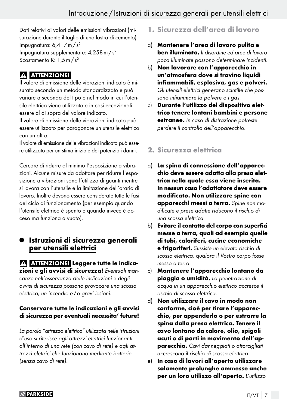 Introduzione, Sicurezza dell’area di lavoro, Sicurezza elettrica | Parkside PMNF 1350 A1 User Manual | Page 7 / 35