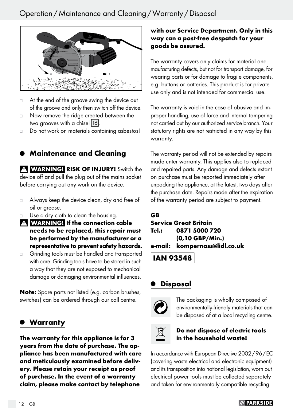 Maintenance and cleaning, Warranty, Disposal | Parkside PMNF 1350 A1 User Manual | Page 12 / 55