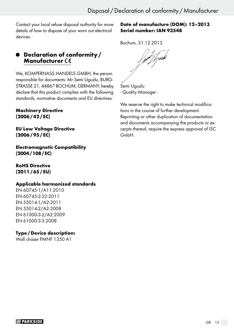Declaration of conformity / manufacturer | Parkside PMNF 1350 A1 User Manual | Page 13 / 55