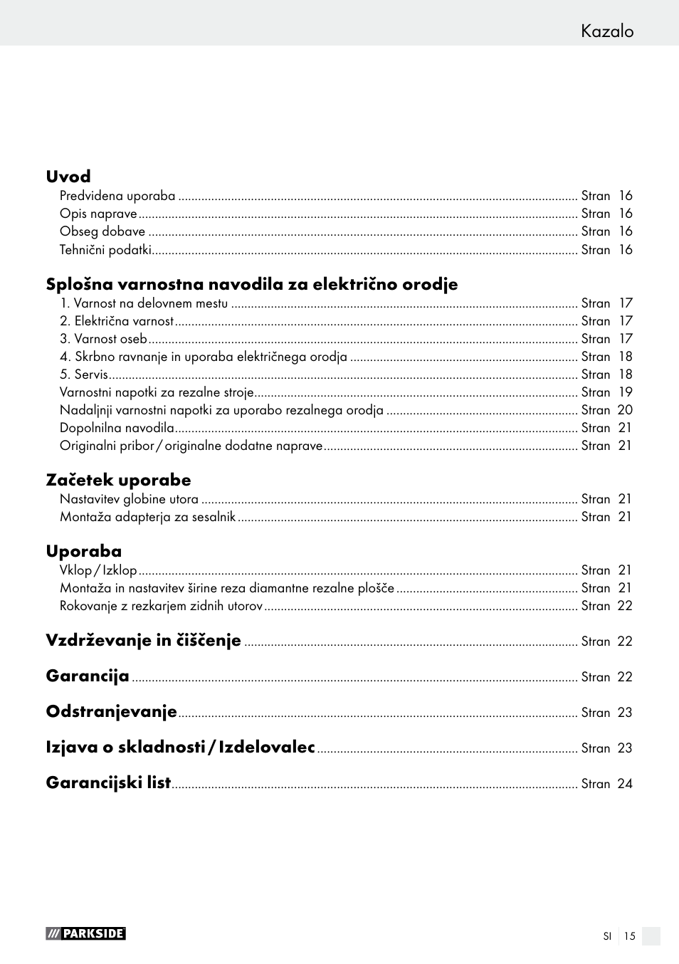 Kazalo | Parkside PMNF 1350 A1 User Manual | Page 15 / 55