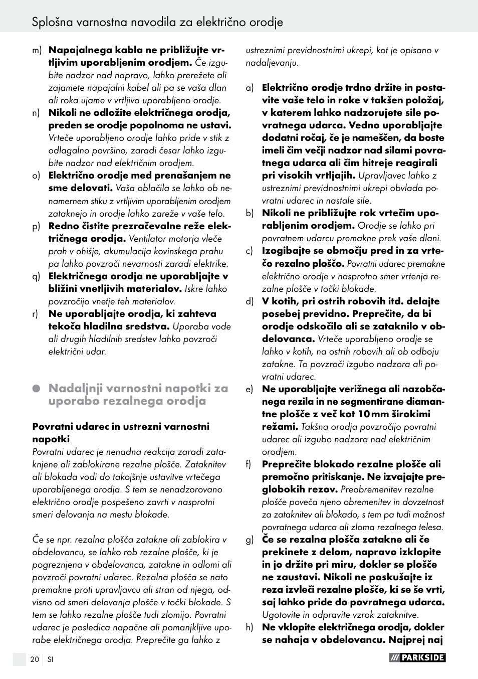 Splošna varnostna navodila za električno orodje | Parkside PMNF 1350 A1 User Manual | Page 20 / 55