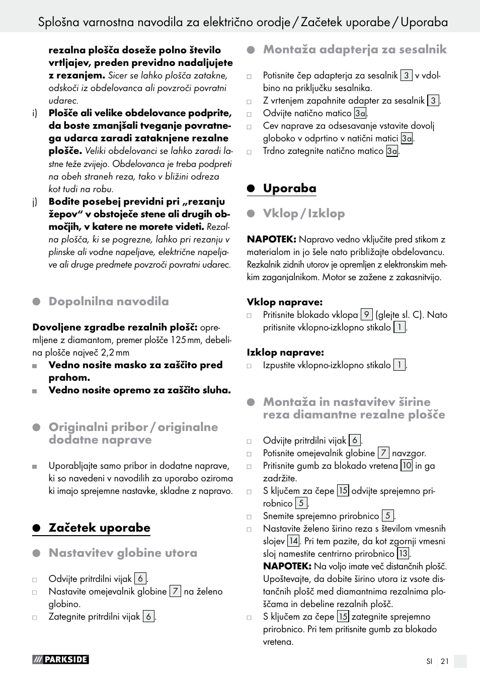Dopolnilna navodila, Originalni pribor / originalne dodatne naprave, Začetek uporabe nastavitev globine utora | Montaža adapterja za sesalnik, Uporaba vklop / izklop | Parkside PMNF 1350 A1 User Manual | Page 21 / 55