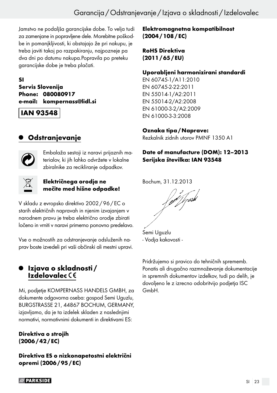 Odstranjevanje, Izjava o skladnosti / izdelovalec | Parkside PMNF 1350 A1 User Manual | Page 23 / 55