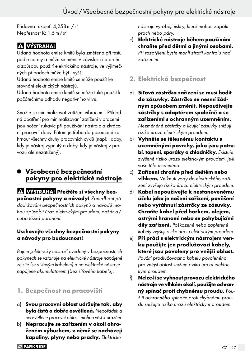 Bezpečnost na pracovišti, Elektrická bezpečnost | Parkside PMNF 1350 A1 User Manual | Page 27 / 55