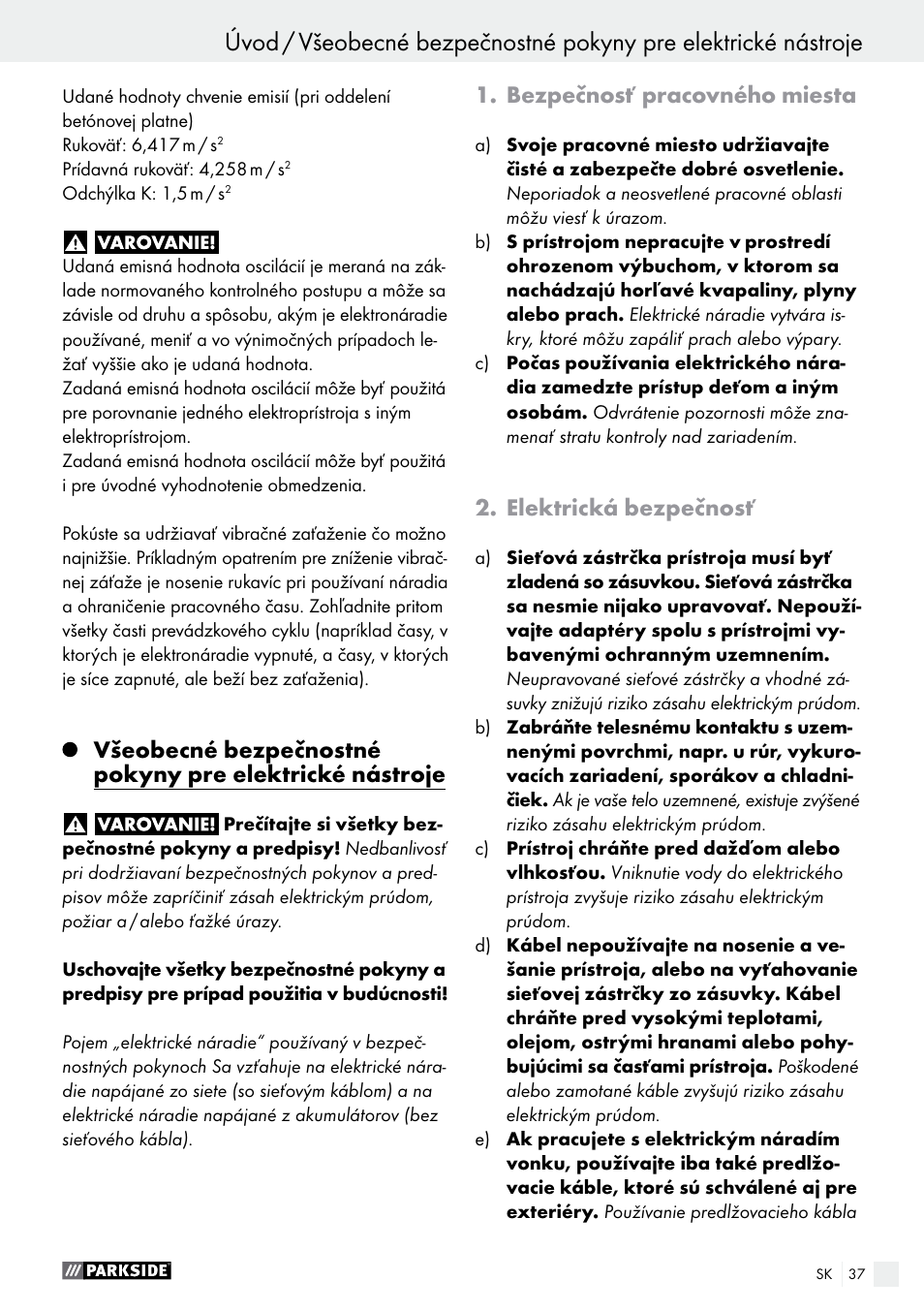 Bezpečnosť pracovného miesta, Elektrická bezpečnosť | Parkside PMNF 1350 A1 User Manual | Page 37 / 55