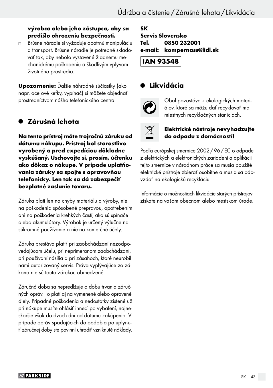 Záruśná lehota, Likvidácia | Parkside PMNF 1350 A1 User Manual | Page 43 / 55