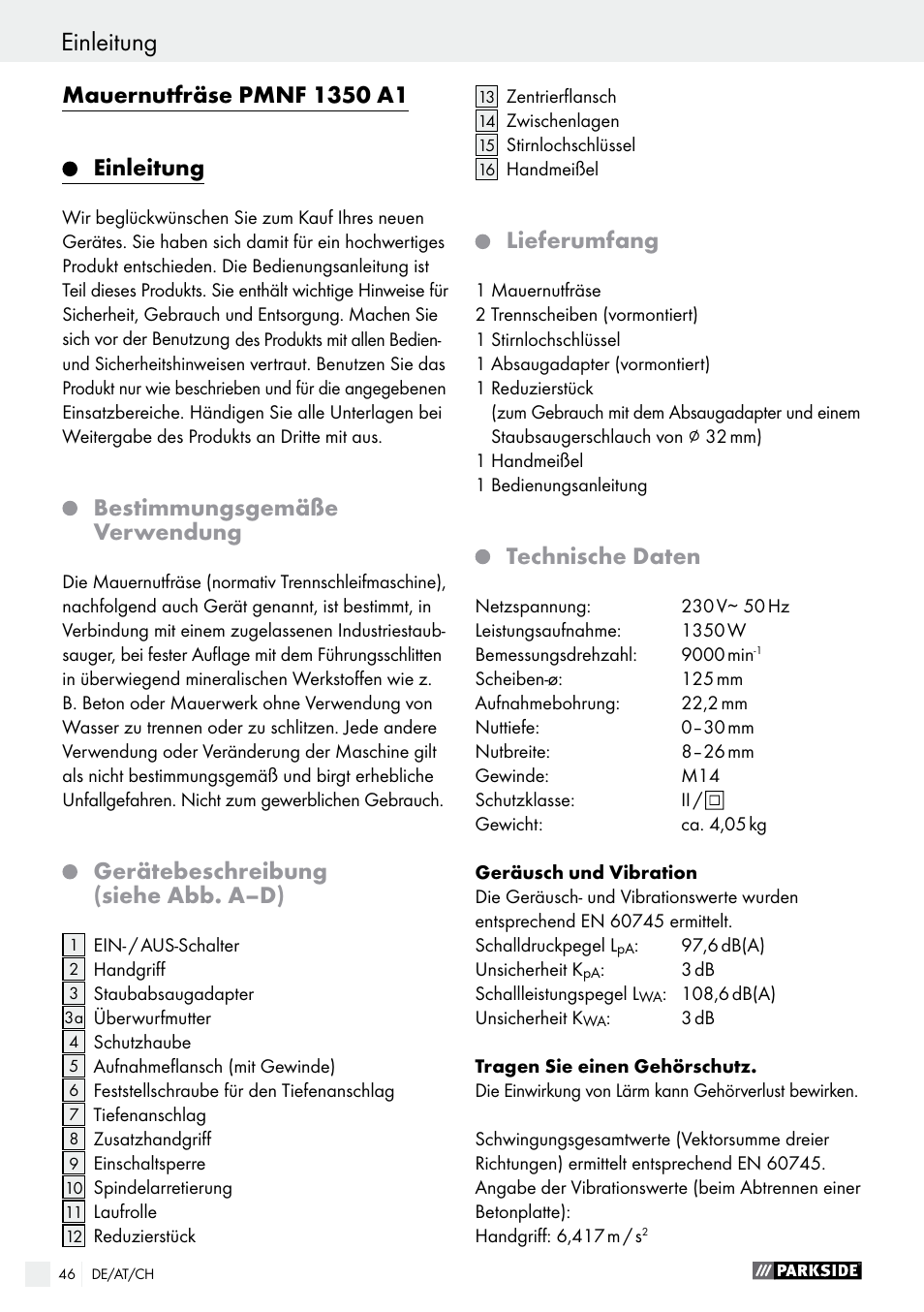 Einleitung, Bestimmungsgemäße verwendung, Gerätebeschreibung (siehe abb. a–d) | Lieferumfang, Technische daten | Parkside PMNF 1350 A1 User Manual | Page 46 / 55