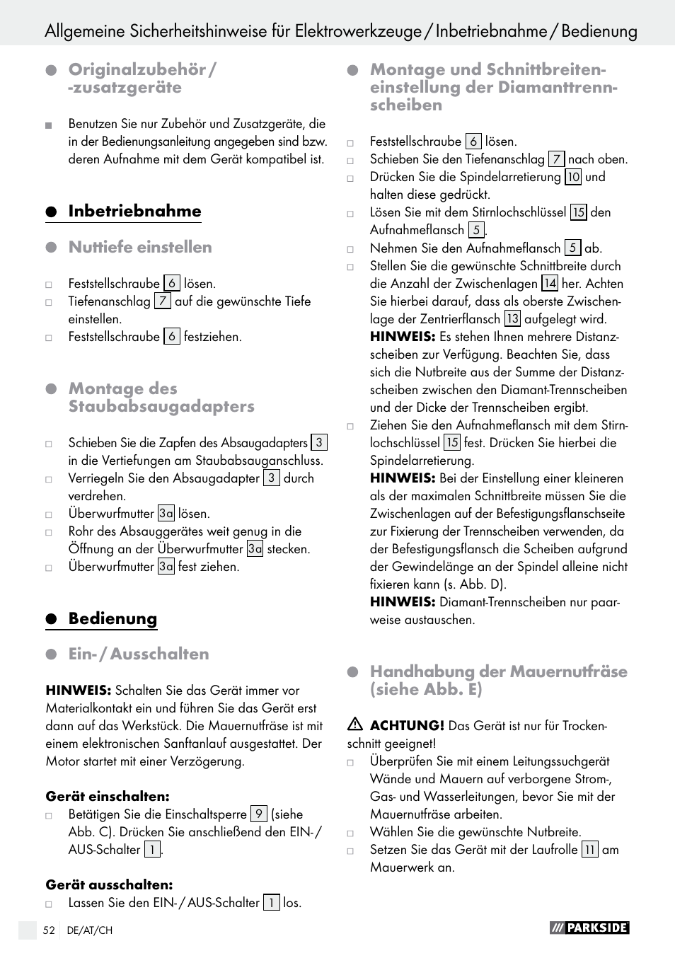 Bedienung / wartung und reinigung / garantie, Originalzubehör / -zusatzgeräte, Inbetriebnahme nuttiefe einstellen | Montage des staubabsaugadapters, Bedienung ein- / ausschalten, Handhabung der mauernutfräse (siehe abb. e) | Parkside PMNF 1350 A1 User Manual | Page 52 / 55