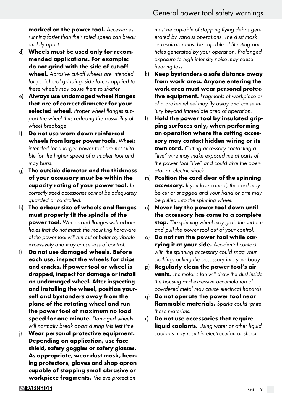 General power tool safety warnings | Parkside PMNF 1350 A1 User Manual | Page 9 / 55