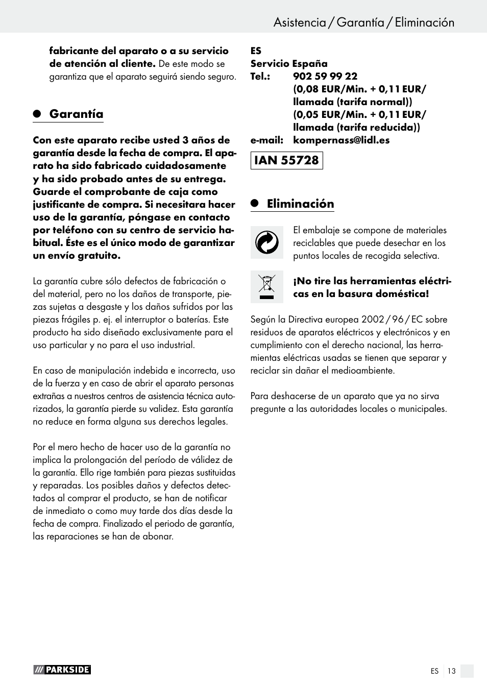 Garantía, Eliminación | Parkside PTS 480 A1 User Manual | Page 13 / 55