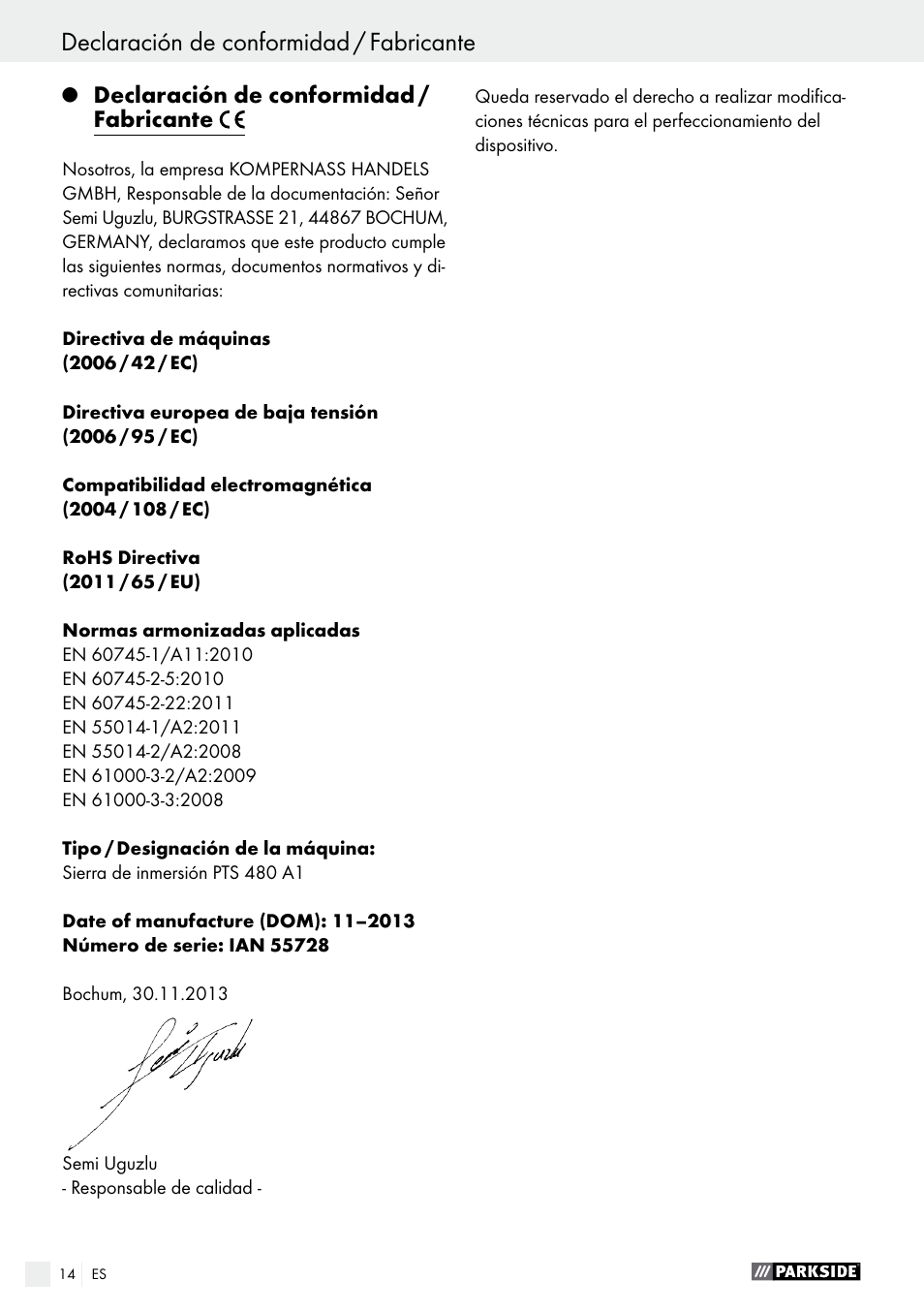 Declaración de conformidad / fabricante, Indice | Parkside PTS 480 A1 User Manual | Page 14 / 55