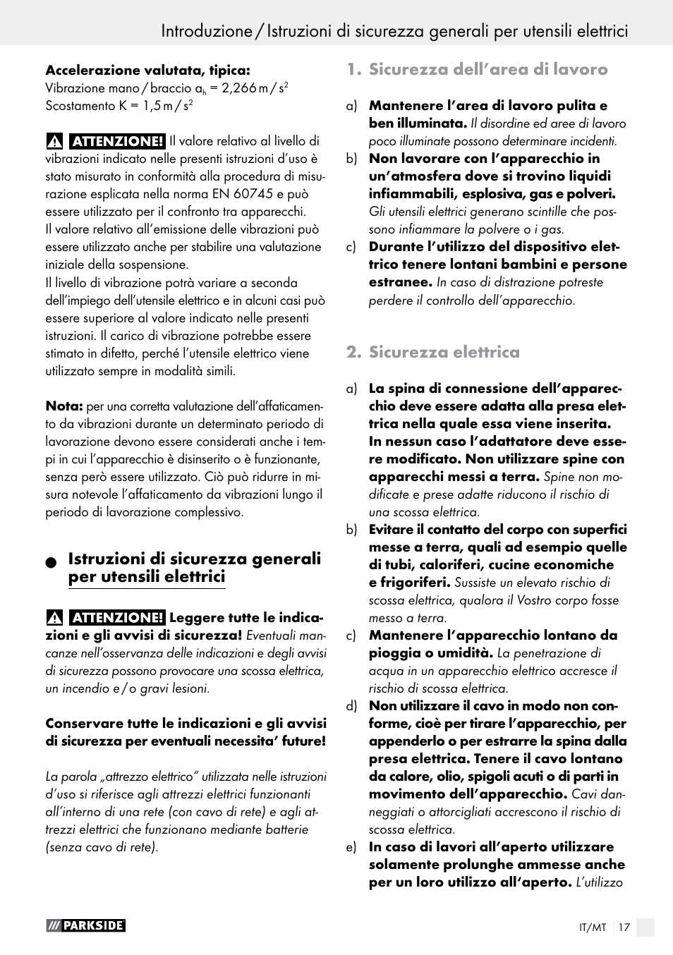 Sicurezza dell’area di lavoro, Sicurezza elettrica | Parkside PTS 480 A1 User Manual | Page 17 / 55