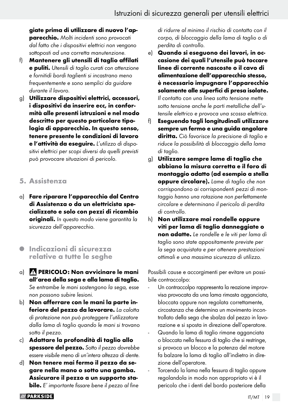 Assistenza, Indicazioni di sicurezza relative a tutte le seghe | Parkside PTS 480 A1 User Manual | Page 19 / 55
