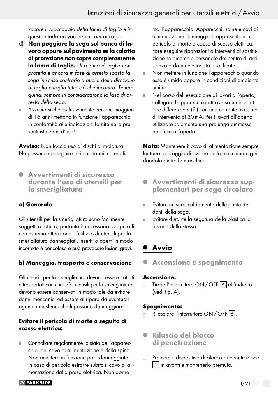Avvio, Accensione e spegnimento, Rilascio del blocco di penetrazione | Parkside PTS 480 A1 User Manual | Page 21 / 55