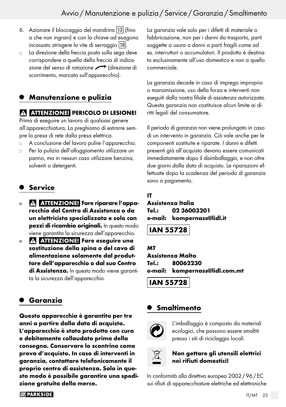 Manutenzione e pulizia, Service, Garanzia | Smaltimento | Parkside PTS 480 A1 User Manual | Page 23 / 55