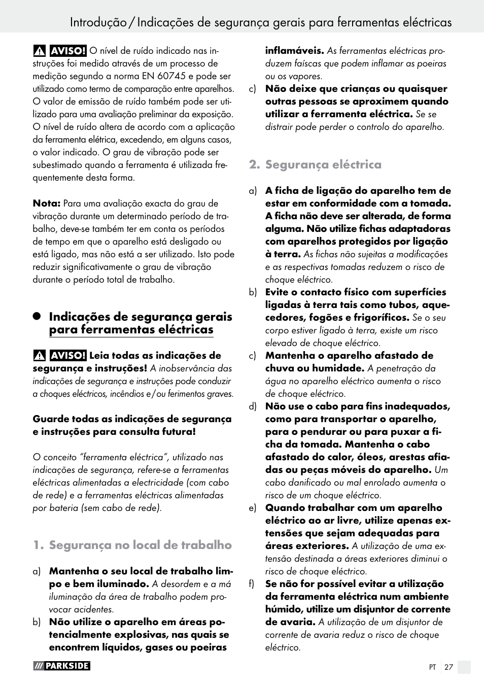 Introdução, Segurança no local de trabalho, Segurança eléctrica | Parkside PTS 480 A1 User Manual | Page 27 / 55