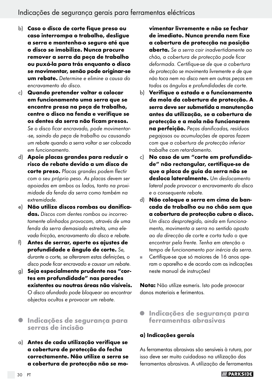 Indicações de segurança para serras de incisão, Indicações de segurança para ferramentas abrasivas | Parkside PTS 480 A1 User Manual | Page 30 / 55