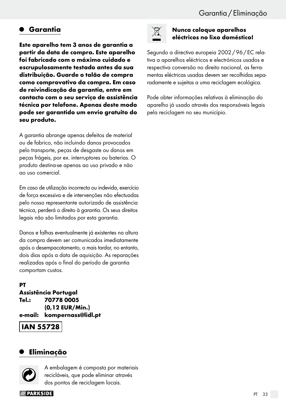 Garantia / eliminação, Garantia, Eliminação | Parkside PTS 480 A1 User Manual | Page 33 / 55