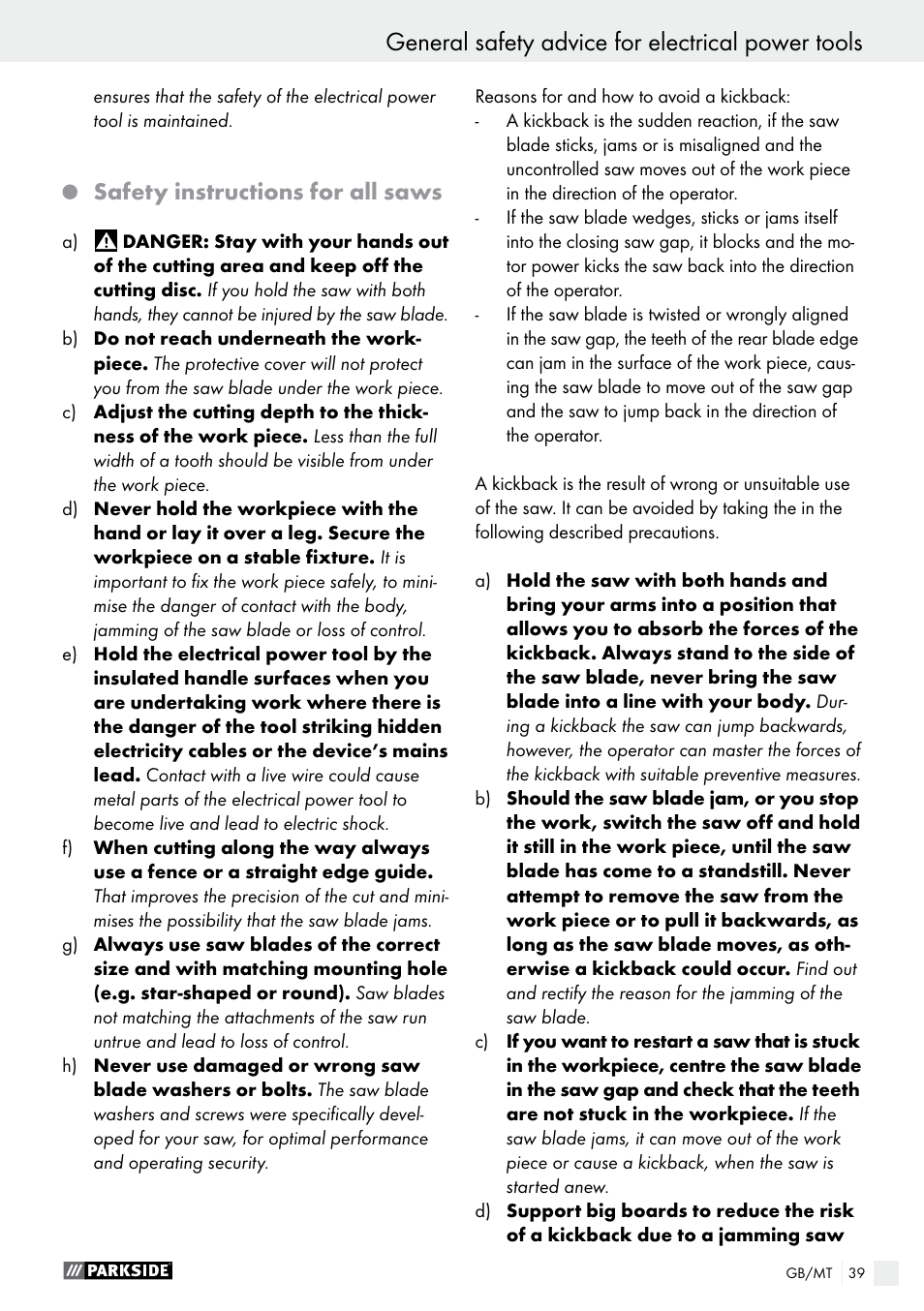 General safety advice for electrical power tools, Safety instructions for all saws | Parkside PTS 480 A1 User Manual | Page 39 / 55