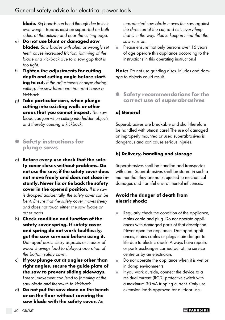 General safety advice for electrical power tools, Safety instructions for plunge saws | Parkside PTS 480 A1 User Manual | Page 40 / 55