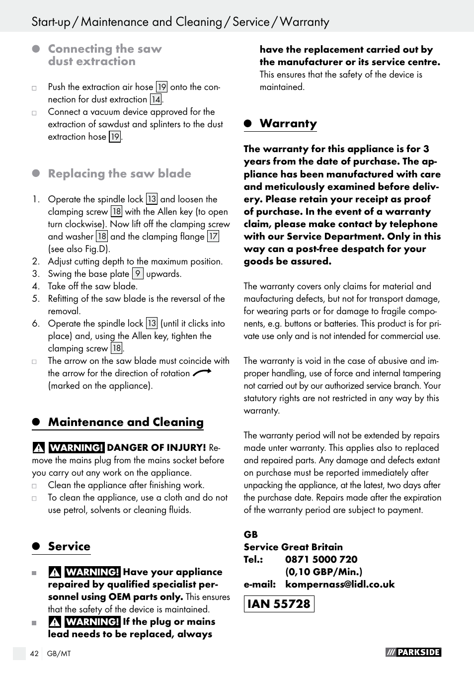 Connecting the saw dust extraction, Replacing the saw blade, Maintenance and cleaning | Service, Warranty | Parkside PTS 480 A1 User Manual | Page 42 / 55