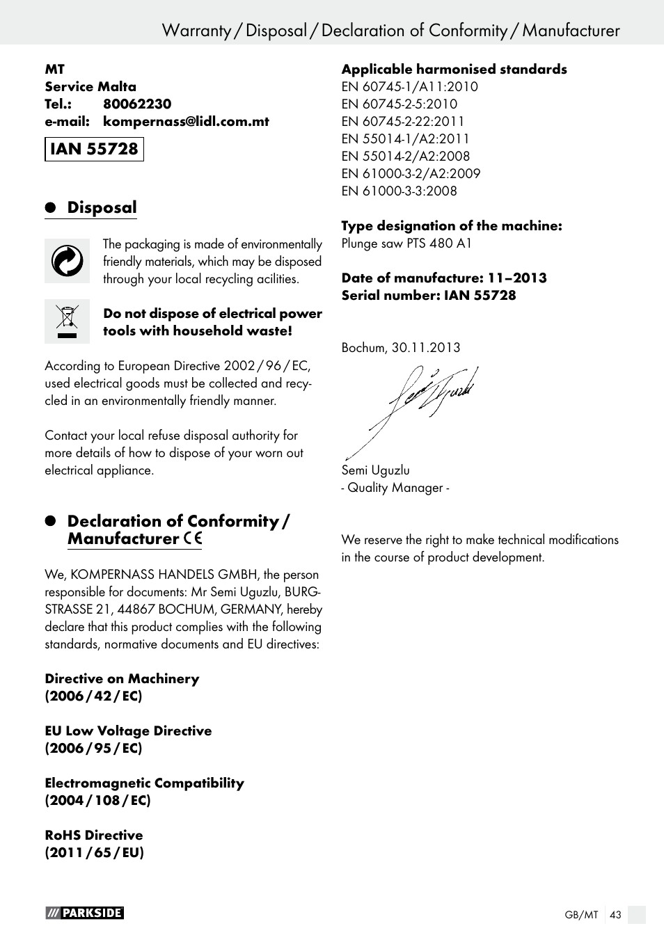 Disposal, Declaration of conformity / manufacturer | Parkside PTS 480 A1 User Manual | Page 43 / 55